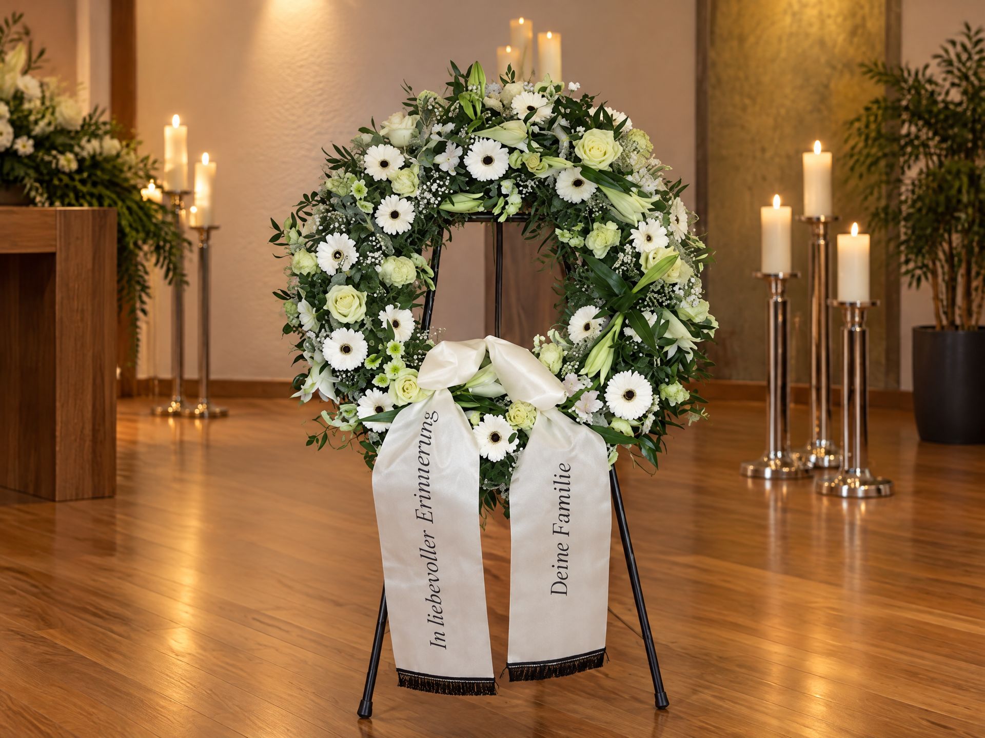 Trauerkranz mit weißen Blumen und Schleife „In liebevoller Erinnerung – Deine Familie“