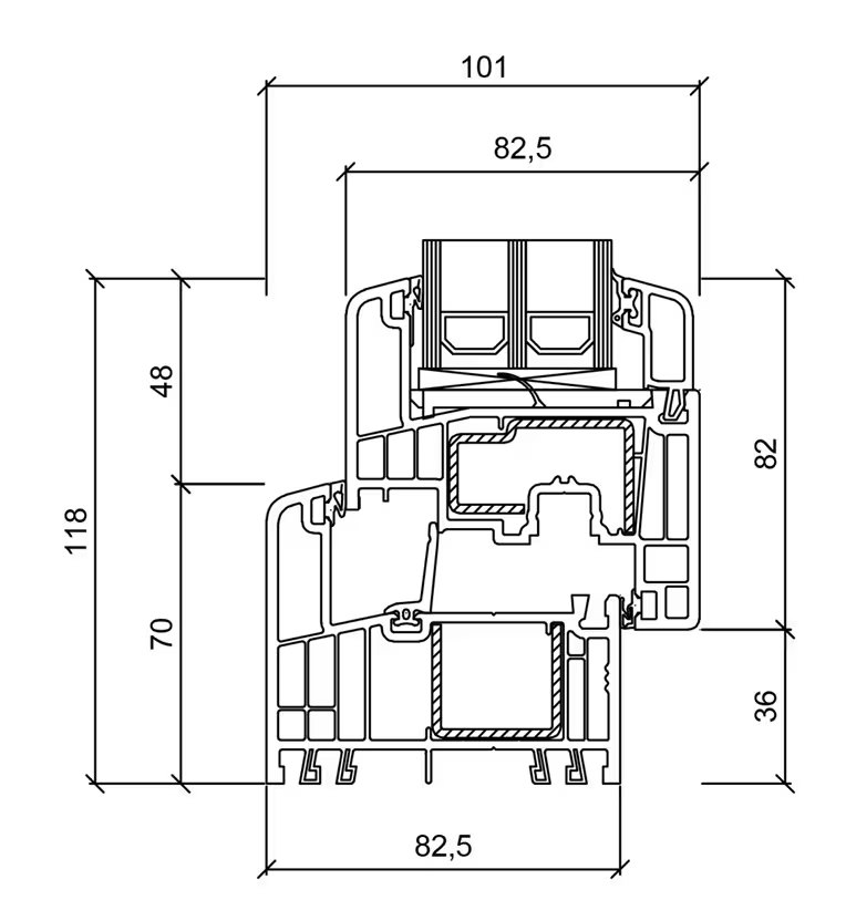 Technische Zeichnung des GEALAN S 9000 Profils mit 82,5 mm Bautiefe