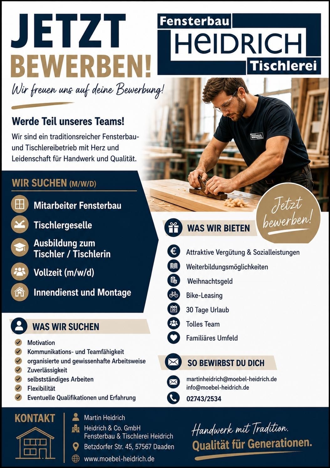 Stellenanzeige Fensterbau & Tischlerei Heidrich: Jetzt bewerben!