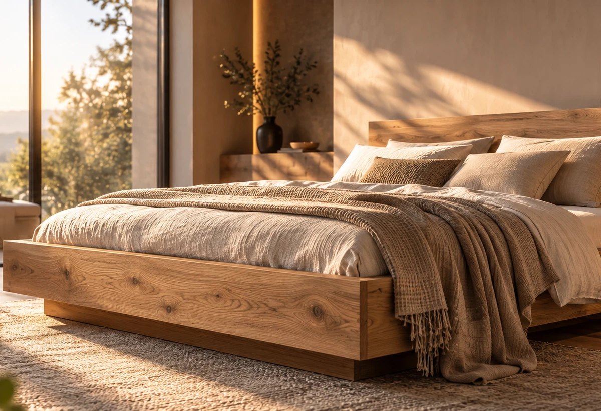 Schlafzimmer mit Massivholzbett und weicher Bettwäsche