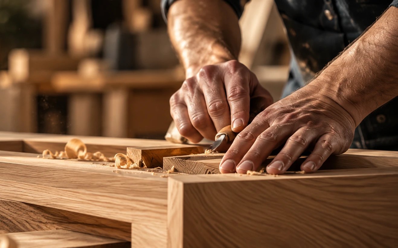 Tischler bearbeitet einen Holzrahmen in der Werkstatt