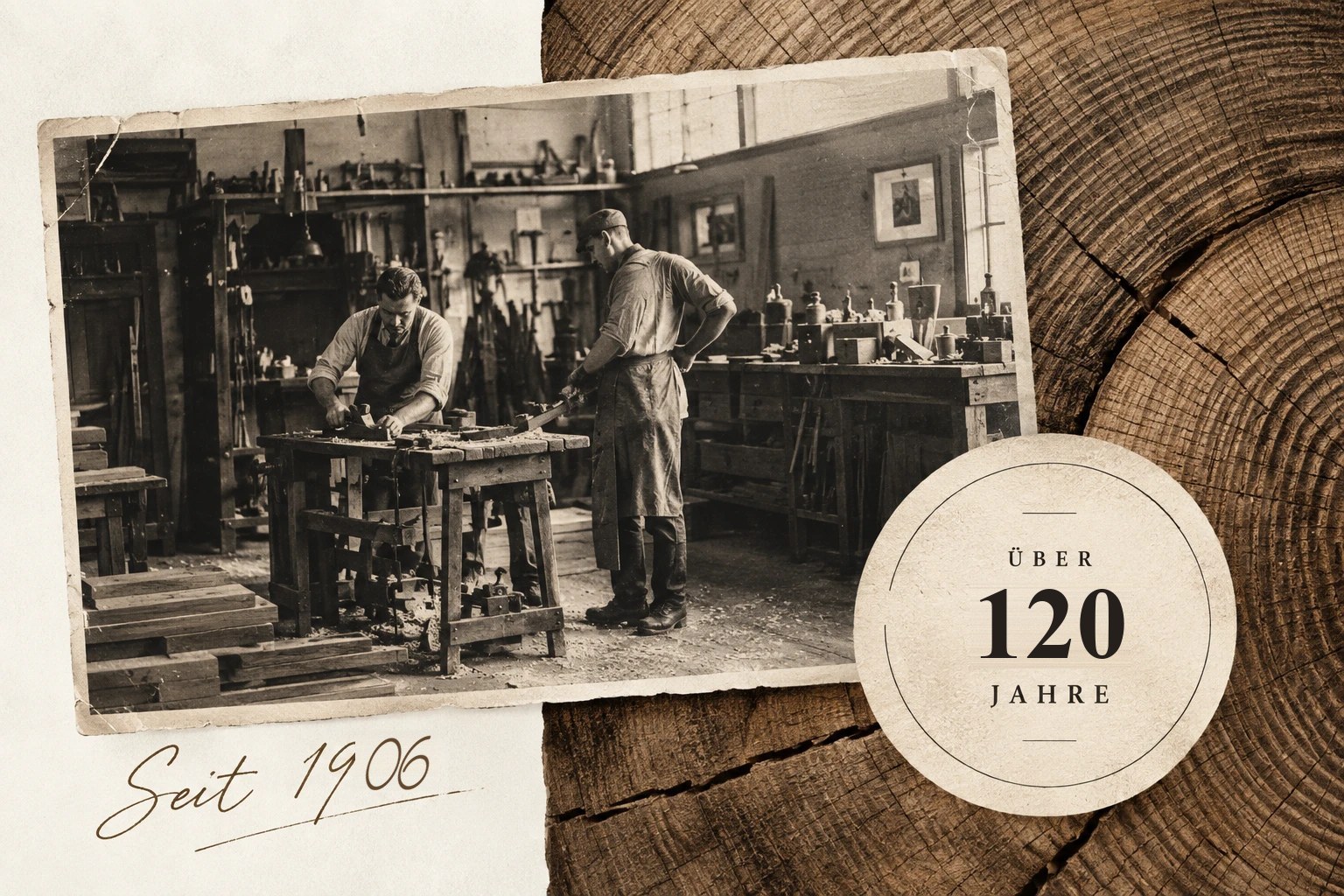 Historische Aufnahme einer Tischlerwerkstatt auf einer Holzscheibe – seit 1906, über 120 Jahre